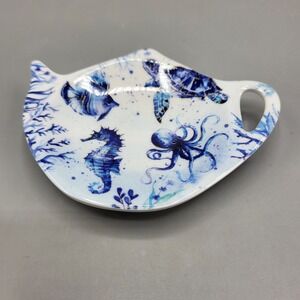 UP Tea Bag Rest Holder Spoon Rest Under Sea Octopus Turtle Seahorse Blue White